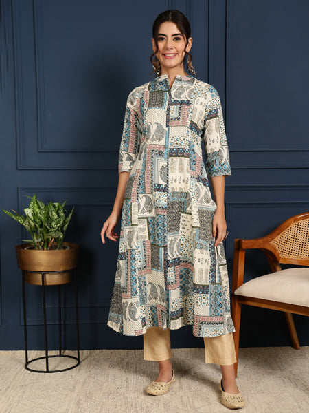 Blue Cotton Flex Calf Length Printed Mandarin Coller A-Line Kurta
