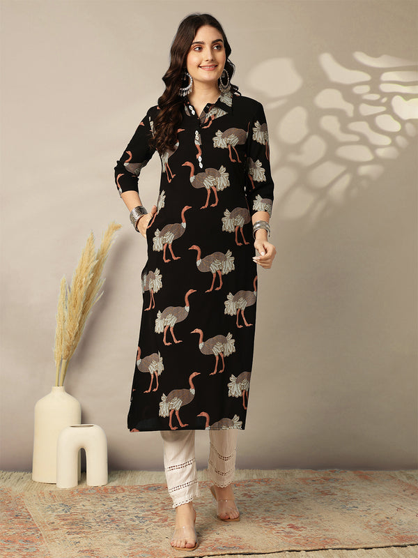 Rayon Calf Length Printed Straight 3/4 Sleeves Shirt Collar Kurta