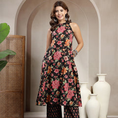 Cotton Calf Length Printed Sleeveless Round Neck Flared Kurta Suit Set