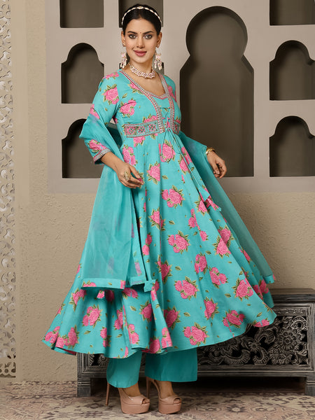 Rama Rayon Calf Length Printed V-Neck Anarkali Kurta Suit Set