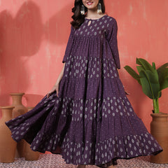 Cotton Calf Length Printed 3/4 Sleeves Key Hole Neck Flared Kurta