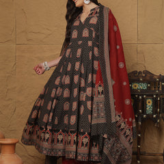 Black Cotton Printed Collared Neck Anarkali Kurta Suit Set