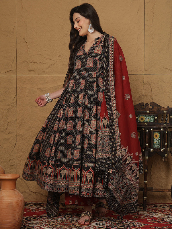 Black Cotton Printed Collared Neck Anarkali Kurta Suit Set