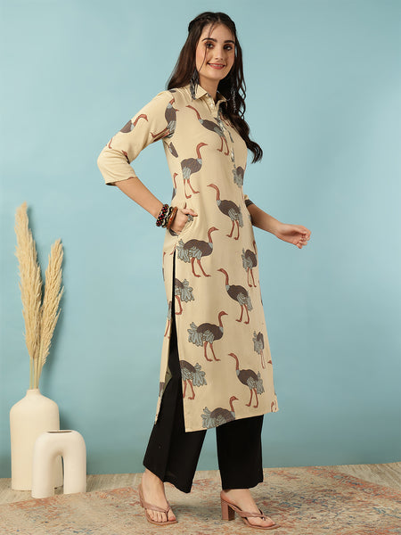 Rayon Calf Length Printed Straight 3/4 Sleeves Shirt Collar Kurta