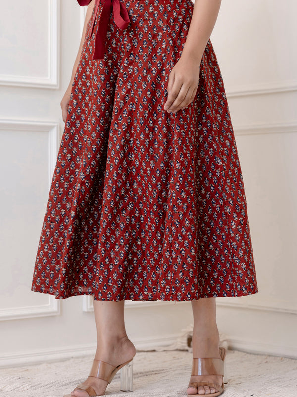Maroon Cotton Calf Length Printed Flared Palazzo