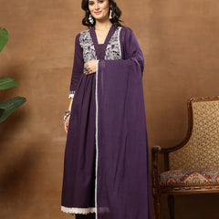 Cotton Calf Length Solid 3/4 Sleeves V-Neck Flared Kurta Suit Set