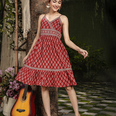 Gulmohar Jaipur Cotton Knee Length Printed Strappy Sleeve V-Neck Flared Dress