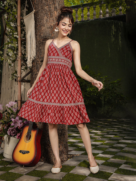 Gulmohar Jaipur Cotton Knee Length Printed Strappy Sleeve V-Neck Flared Dress