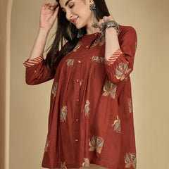 Gulmohar Jaipur Rayon Hip Length Printed 3/4 Sleeves Round Neck Flared Top