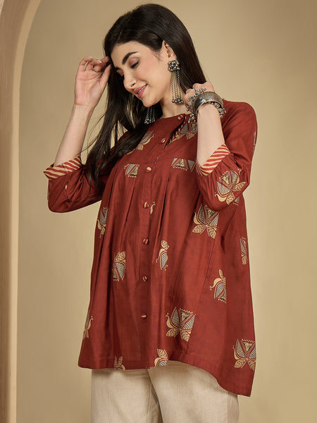 Gulmohar Jaipur Rayon Hip Length Printed 3/4 Sleeves Round Neck Flared Top