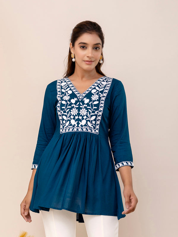 Blue Rayon Hip Length Solid V-Neck Solid Embroidered Semi-Flared Top
