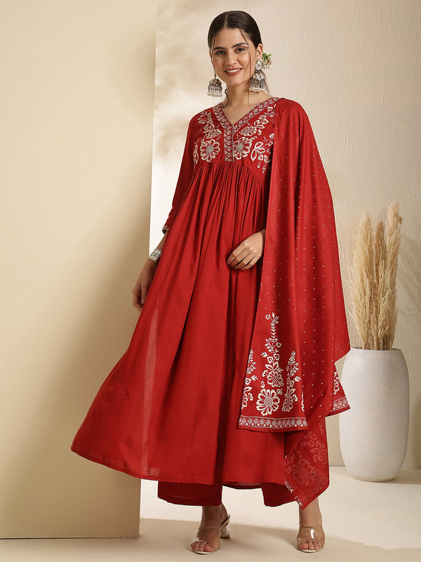 Coral Rayon Solid 3/4 Sleeves V-Neck Semi-Flared Kurta Suit Set