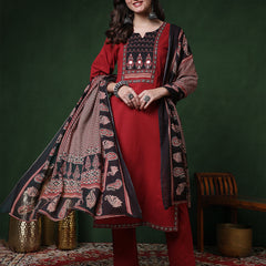 Maroon Rayon Calf Length Solid 3/4 Sleeves Round Neck Straight Kurta Suit Set