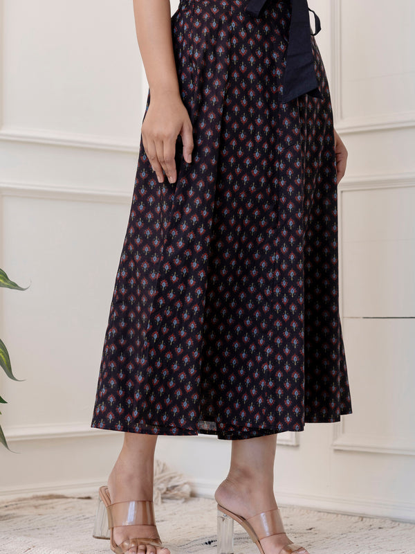 Blue Cotton Calf Length Printed Flared Palazzo