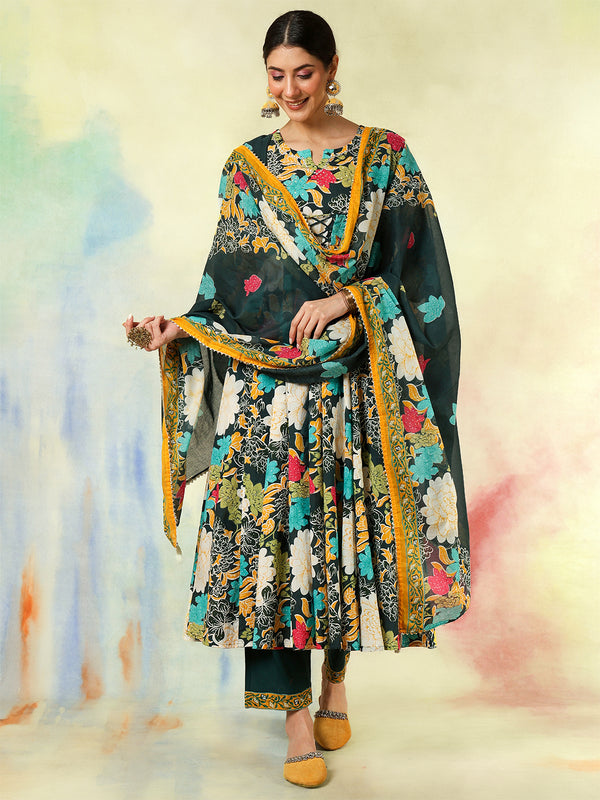 Blue Pure Cotton Printed Hand-Work Anarkali Kurta Suit Set