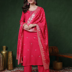 Pink Rayon Calf Length Solid 3/4 Sleeves Round Neck Straight Kurta Suit Set
