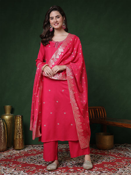 Pink Rayon Calf Length Solid 3/4 Sleeves Round Neck Straight Kurta Suit Set