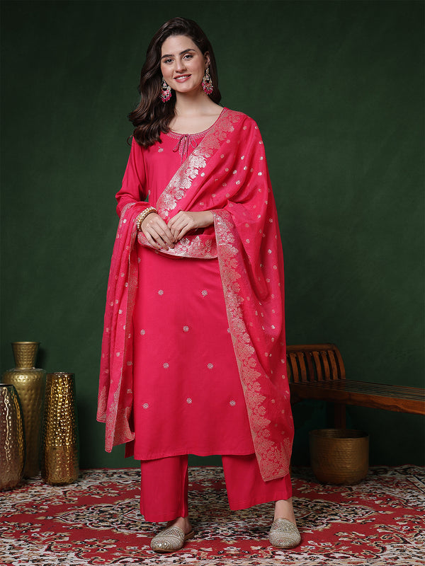 Pink Rayon Calf Length Solid 3/4 Sleeves Round Neck Straight Kurta Suit Set