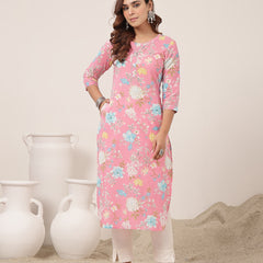 Cotton Calf Length Printed 3/4 Sleeve Round Neck Straight Kurta