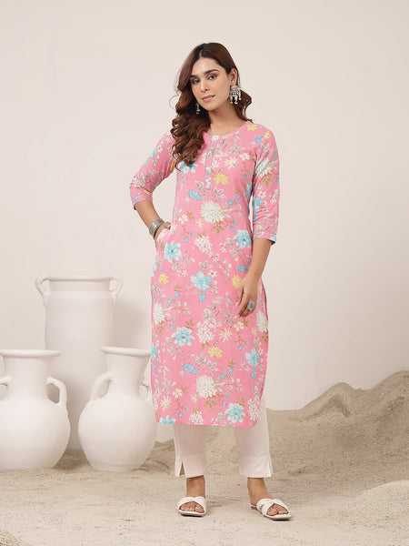 Cotton Calf Length Printed 3/4 Sleeve Round Neck Straight Kurta