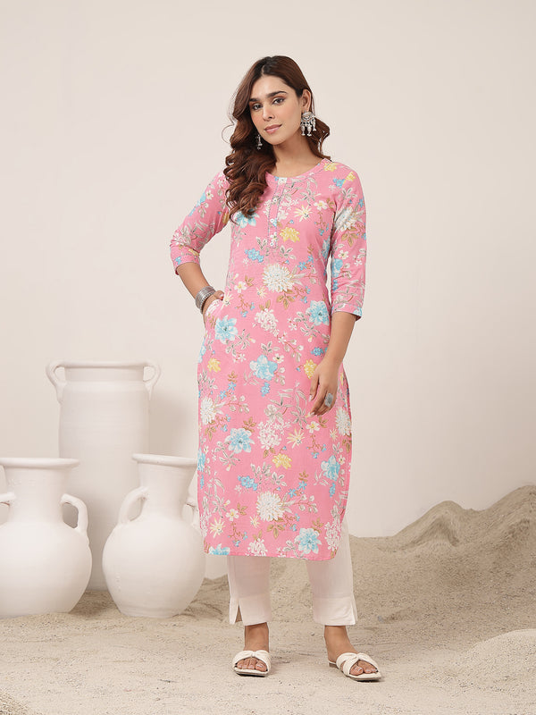 Cotton Calf Length Printed 3/4 Sleeve Round Neck Straight Kurta