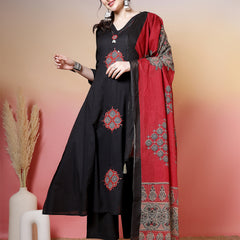 Rayon Calf Length Solid 3/4 Sleeves V-Neck Flared Kurta Suit Set