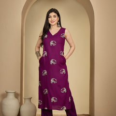 Gulmohar Jaipur Rayon Calf Length Printed Sleeveless V-Neck Straight Kurta Suit Set