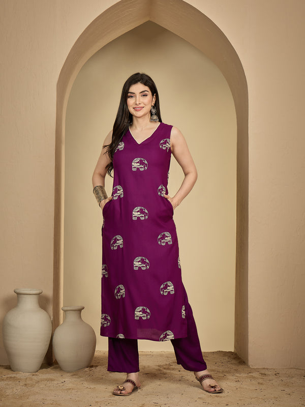 Gulmohar Jaipur Rayon Calf Length Printed Sleeveless V-Neck Straight Kurta Suit Set