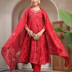 Cotton Calf Length Printed 3/4 Sleeve V-Neck Flared Kurta Suit Set