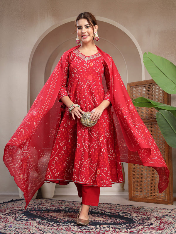 Cotton Calf Length Printed 3/4 Sleeve V-Neck Flared Kurta Suit Set