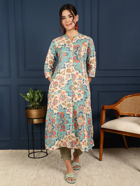 Blue Cotton Flex Calf Length Printed Mandarin Coller A-Line Kurta
