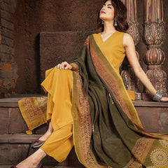 Gulmohar Jaipur Rayon Calf Length Solid Sleeveless V-Neck Straight Kurta Suit Set