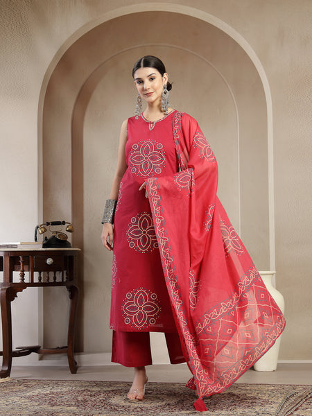 Gulmohar Jaipur Cotton Calf Length Printed Sleeveless Round Neck Straight Kurta Suit Set