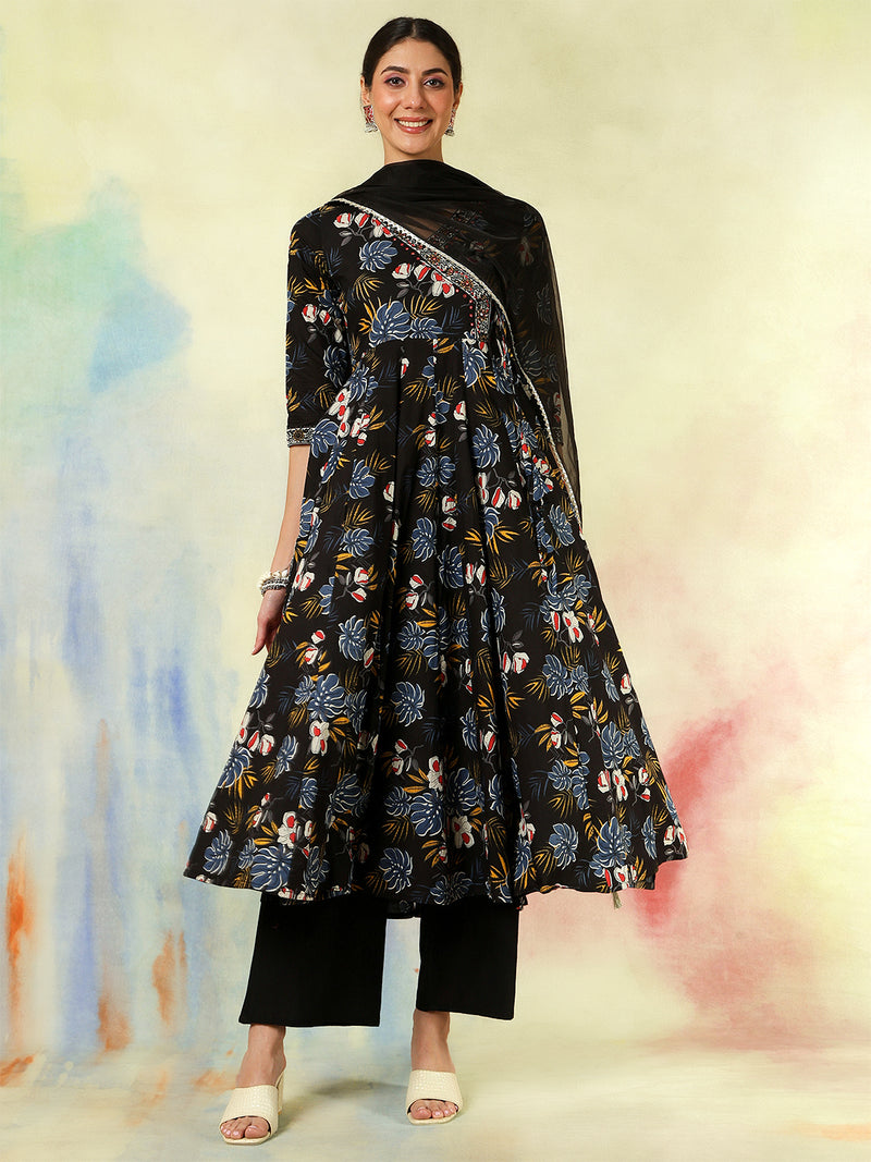 Black Pure Cotton Printed hand-Work Anarkali Kurta Suit Set