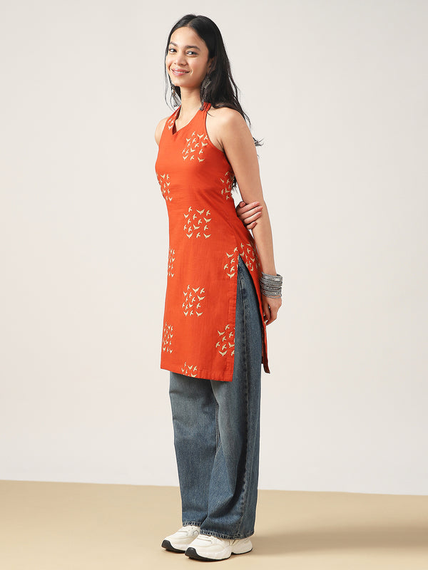 Rayon Mid Length Printed Sleeveless V-Neck Straight Kurta
