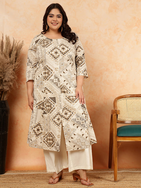 Cotton Flex Calf Length Printed A-Line 3/4 Sleeves Round Kurta (Plus+)
