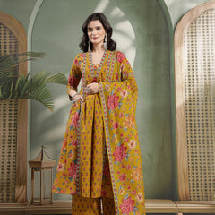 Cotton Calf Length Printed 3/4 Sleeves V-Neck Flared Kurta Suit Set