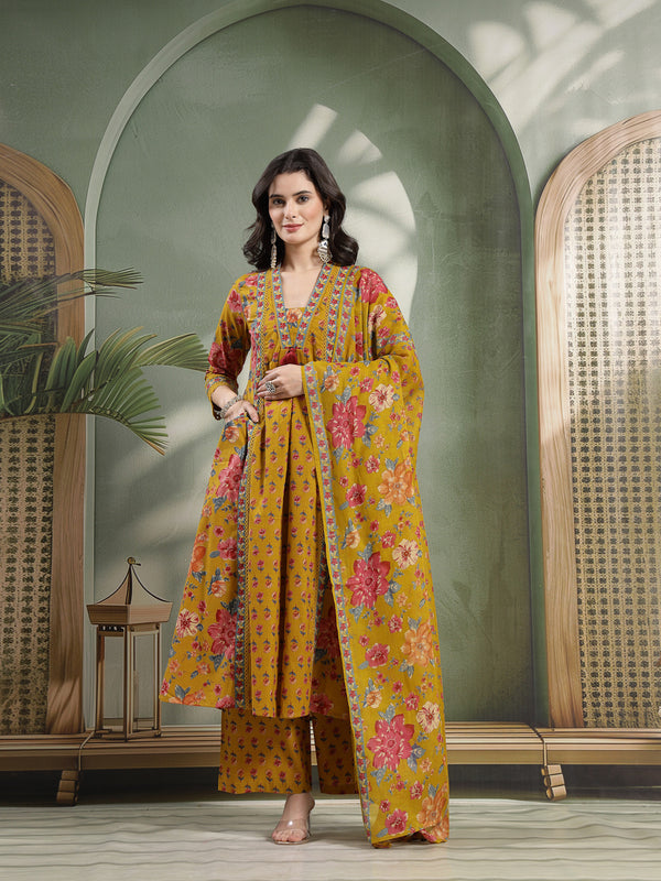 Cotton Calf Length Printed 3/4 Sleeves V-Neck Flared Kurta Suit Set