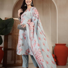 Gulmohar Jaipur Cotton Calf Length Printed 3/4 Sleeves V-Neck Straight Kurta Suit Set