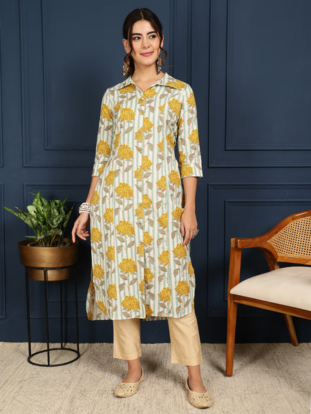 Mustard Cotton Flex Calf Length Printed Shirt Coller Straight Kurta