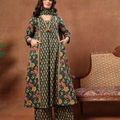 Cotton Calf Length Printed 3/4 Sleeves V-Neck Flared Kurta Suit Set