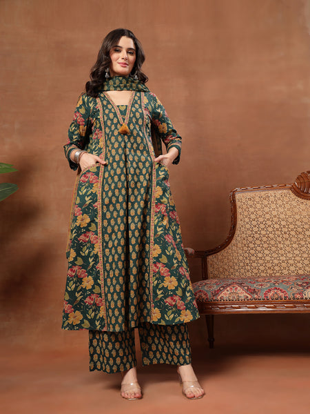 Cotton Calf Length Printed 3/4 Sleeves V-Neck Flared Kurta Suit Set