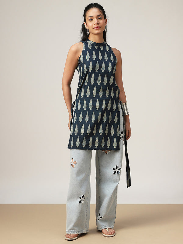 Cotton Mid Length Printed Sleeveless Round Neck Straight Kurta