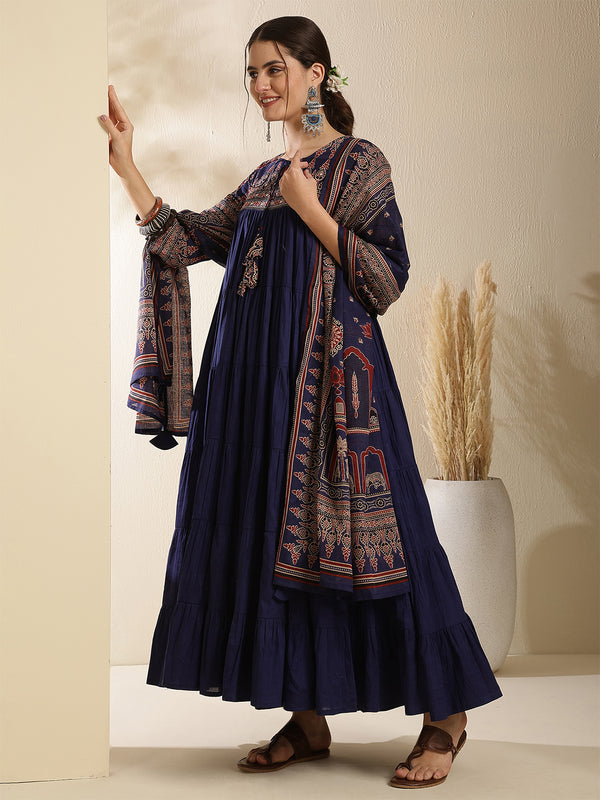 Maroon Pure Cotton Solid 3/4 Sleeves Key Hole Neck Anarkali Kurta Suit Set