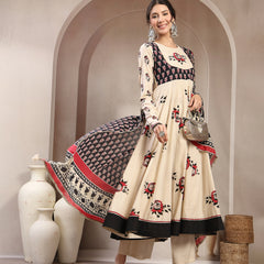 Cotton Calf Length Printed Full Sleeve Round Neck Flared Kurta