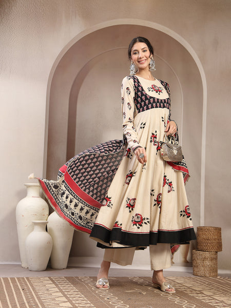 Cotton Calf Length Printed Full Sleeve Round Neck Flared Kurta