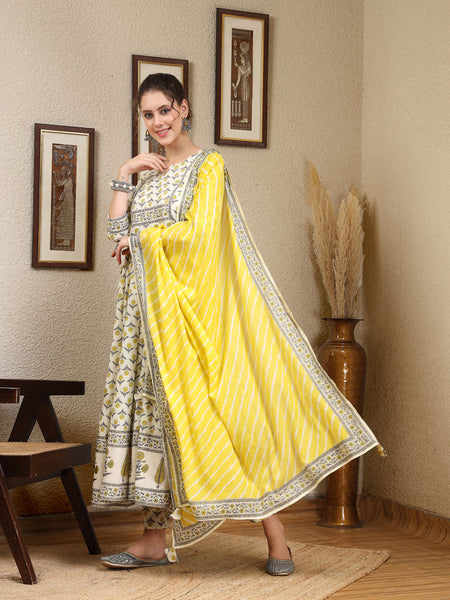 Lemon Cotton Calf Length Printed Round Neck Anarkali Kurta Suit Set