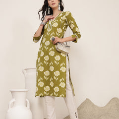 Gulmohar Jaipur Cotton Calf Length Printed 3/4 Sleeves V-Neck Anarkali Kurta Suit Set