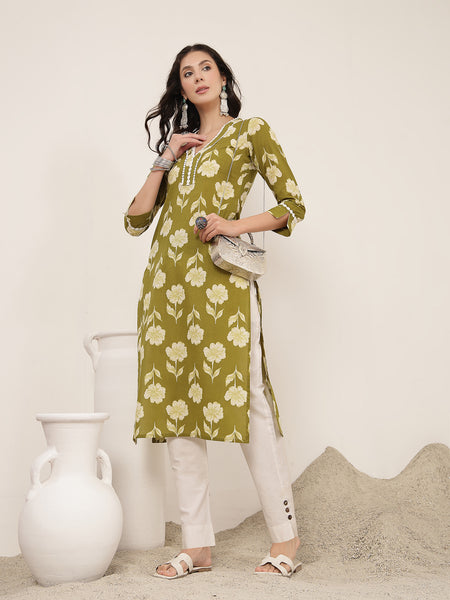 Gulmohar Jaipur Cotton Calf Length Printed 3/4 Sleeves V-Neck Anarkali Kurta Suit Set