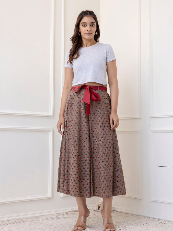 Grey Cotton Calf Length Printed Flared Palazzo